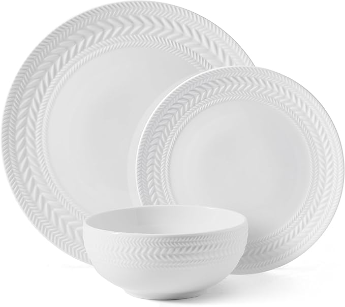 Pfaltzgraff Josephine 24-Piece Dinnerware Set, Porcelain Dish Set with Embossed Basket Weave Design, Service for 8, White Plates and Bowls Sets, Microwave and Dishwasher Safe