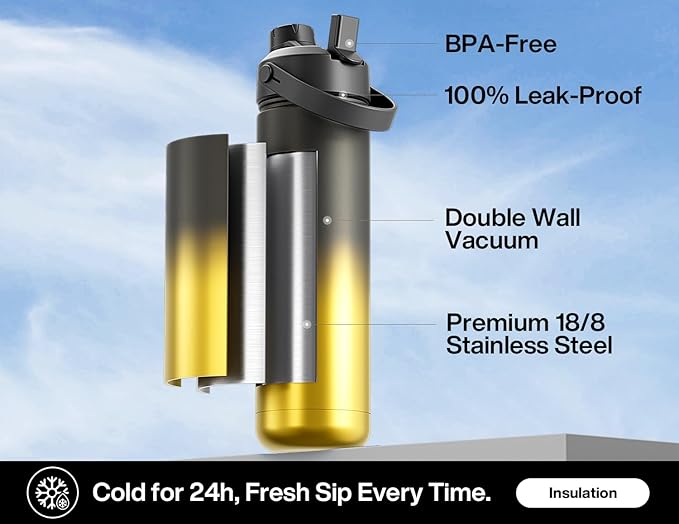 POWCAN 26 oz Insulated Water Bottle with 2-in-1 Straw and Spout Lid, Keep Cold 24H, Leak-Proof, Fits in Car Cup Holder, Stainless Steel Water Bottle for Sports, Travel, Gym, and School (King)