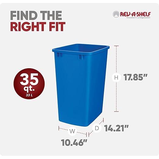 Rev-A-Shelf Polymer Replacement 35 Quart Trash Bin Recycle Waste Garbage Container for Kitchen Cabinet Pullouts, Blue, 2 Pack, RV-35-22-2