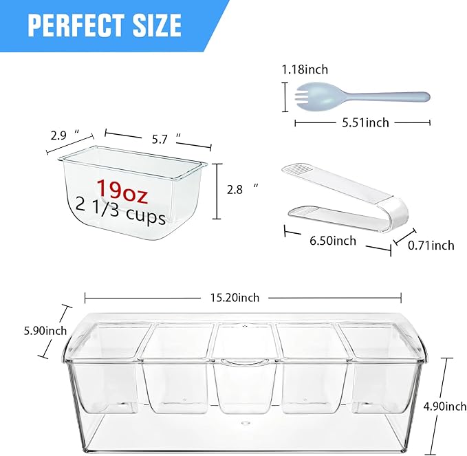 INNOVATIVE LIFE Bar Serving Tray on Ice with 5 Compartments Container, Fruit Trays for Serving, Garnish Platters with Lid, Clear