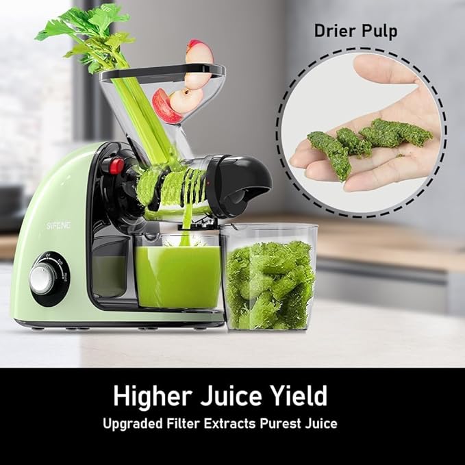 2nd Edition Cold Press Juicer, SiFENE Slow Masticating Juicer Machines for Fruit & Vegetable, Juice Maker Extractor with Dual Mouth, Quiet Motor & Anti-Clog Function, Easy to Clean, Green