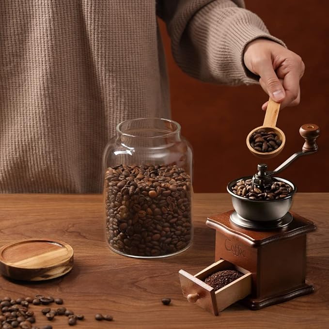 Glass Coffee Storage Jar with Lids Spoon Thicken Glass Coffee Canister Borosilicate Glass Food Containers for Ground Coffee Beans Nut Pasta Sugar Candy Spice Rice Loose Tea