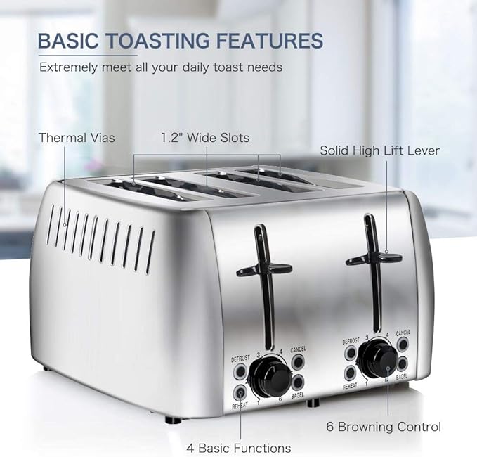 Toaster 4 Slice Stainless Steel Bagel Toaster Extra Wide Slots with 6 Browning Setting, Bagel/Reheat/Defrost/Cancel Function for Toasting Bread, Bagels and Waffles, 1500W, Silver