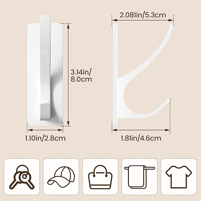 pickpiff White Self Adhesive Coat Hooks for Hanging: 13LB Extra Strong Stainless Wall Hook for Towel, Utensil, Backpack, Hat, Sturdy Metal Hanger for Bathroom, Kitchen, Door, 4-Pack