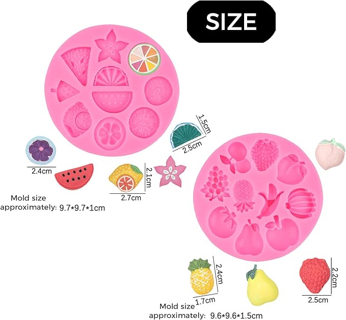 2 Pack Fruit Silicone Molds Set, Small Fondant Mold for Cake Decoration, Chocolate, Candy, Resin, Clay - Mini Watermelon Lemon Strawberry Banana Mold for Cupcake Topper