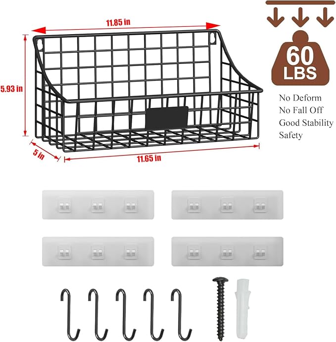 Hanging Wall Wire Basket-4Pack,Large Metal Organizer Baskets & Bathroom Shower Shelf with 4 Adhesive Hooks+5 S Hook, Wall Mounted Baskets & Shelves for Bathroom, Kitchen Storage