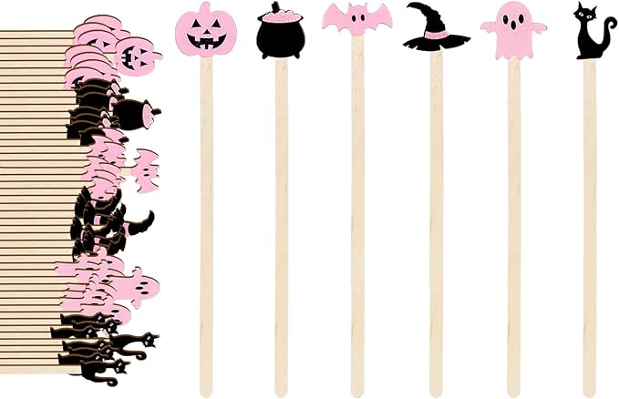 JarThenaAMCS 120Pcs Halloween Coffee Stirrers Disposable Pink Black Ghost Bat Cat Pumpkin Stir Sticks Wooden Drink Stirrer for Hot Chocolate Milkshake Restaurant Home Office