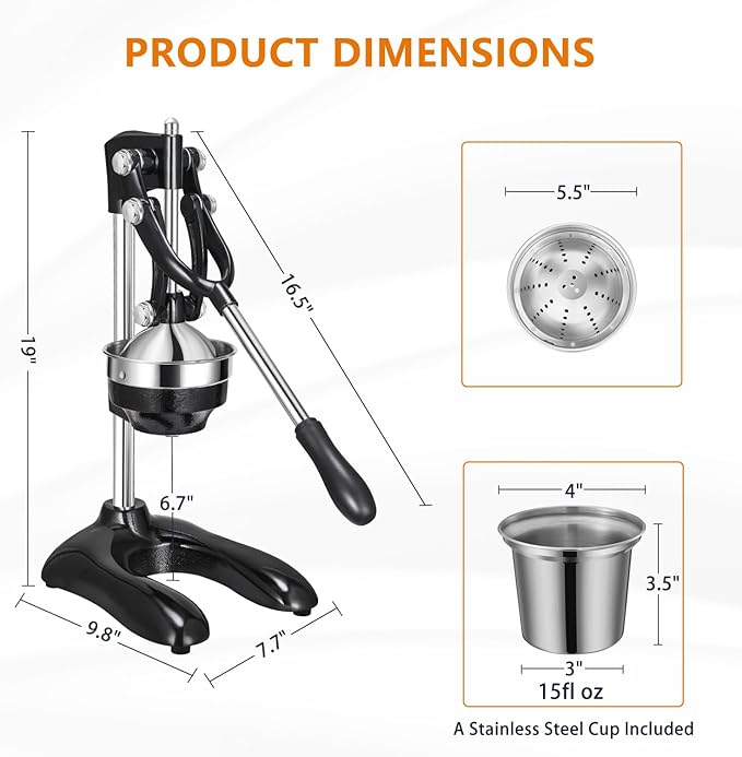 TONGCHANT Cast Iron Juicer, 19" Tall Heavy Duty Citrus Press with Dual Pattern | Manual Juicer for Orange Lemon Pomegranate, Easy to Clean, Stainless Steel Cup, Black