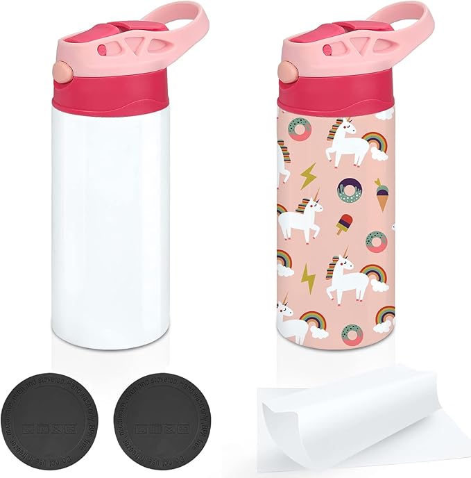 Kids Sublimation Tumbler,12oz Sublimation Water Bottle Blanks,Straight Stainless Steel Todder Sippy Cup,2PACK Double Wall Insulated Sippy Tumbler with Handle,Shrink Films,Leak Proof Pink