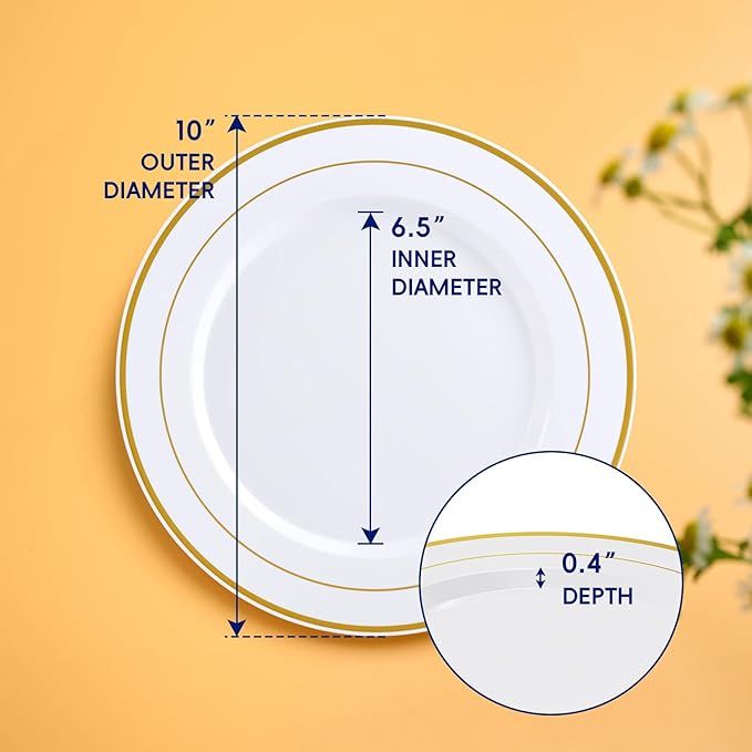 JOLLY CHEF 200 Pieces Gold Plastic Plates, 10 Inch Elegan Disposable Plates White Plate with Gold Rim,Plastic Plates for Thanksgiving、Birthdays and Weddings