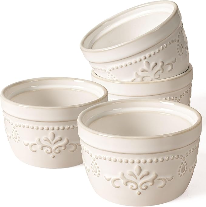 Artena Ramekins Oven Safe, Creme Brulee Ramekins, Embossed White Ceramic Ramiken, Souffle Pudding Custard Cups, Baking Dish, Dipping Bowls, Sauce Cups, Set Of 4 (Damask Floral, 8 oz)