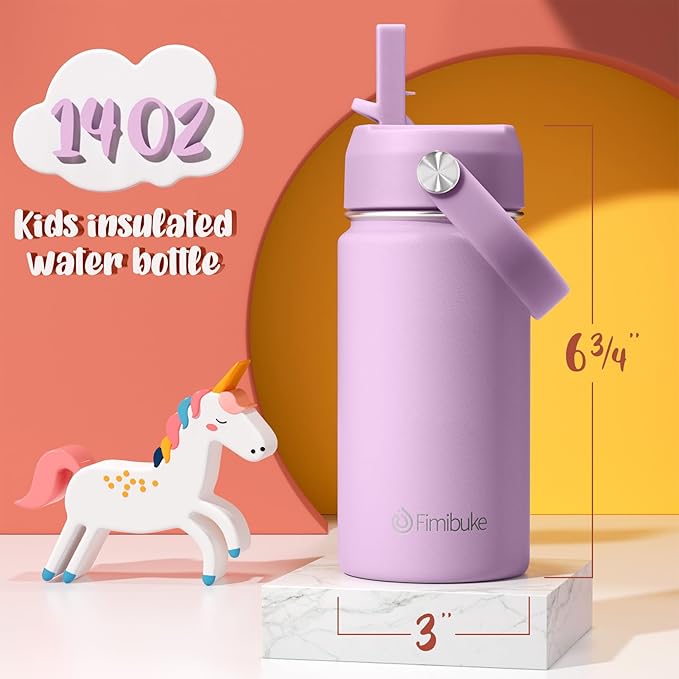 Fimibuke Kids Insulated Water Bottle, 14oz BPA FREE Double Wall Vacuum Tumbler 18/8 Stainless Steel Leak Proof Kids Cups with Straw Metal Water Bottle for School Boys Girls (2 Pack, Milky Pastel)