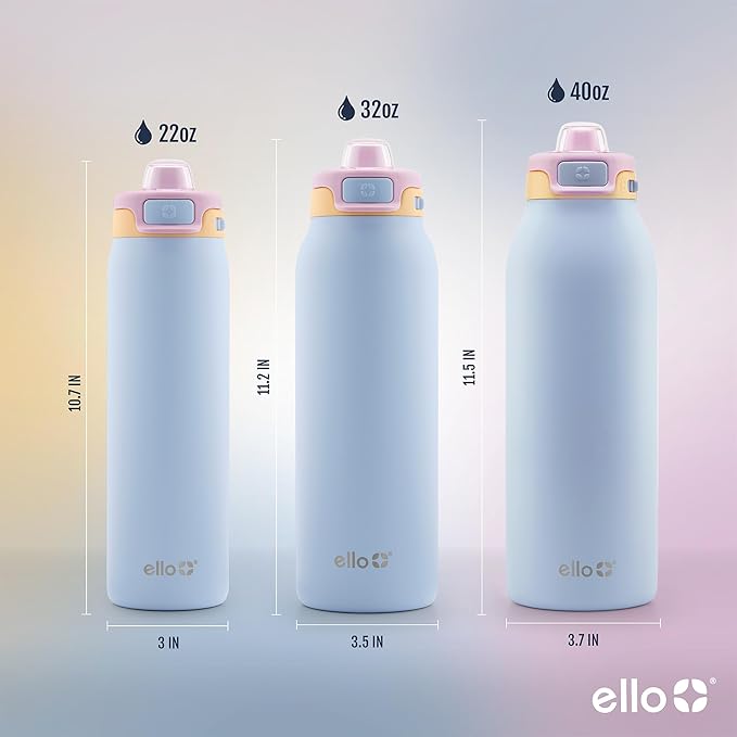 Ello Pop & Fill 22oz Stainless Steel Water Bottle with Quick Fill Technology, Double Walled and Vacuum Insulated Metal, Leak Proof Locking Lid, Sip and Chug, Reusable, BPA Free, Coastal Sunrise