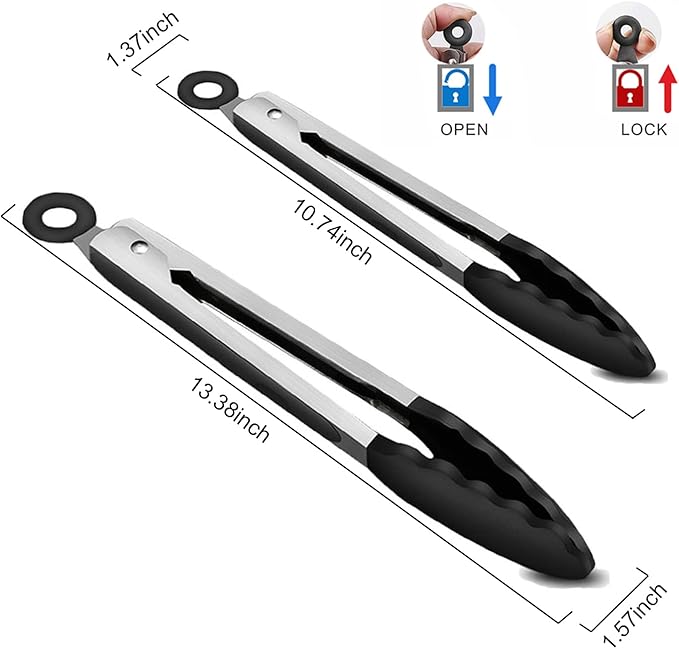 2-Pack of 9" (Small) & 12" (Large) Kitchen Tongs Set: Non-Stick Silicone-Stainless Steel Cooking Tongs, BPA Free, Heat Resistant (480°F) - Non-Slip Grip & Locking Metal Food Tongs (Black)