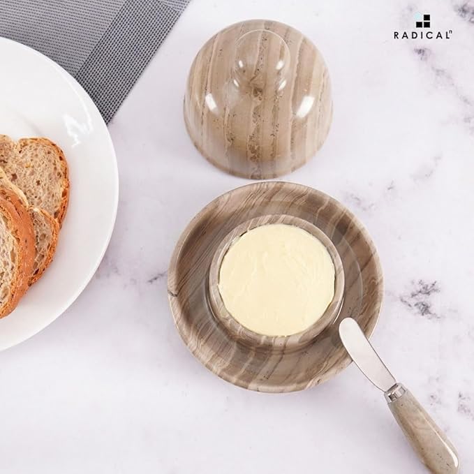 Radicaln Marble Butter Dish With Lid 6" Inches Natural Brown Handmade Butter Storage Container, Ideal Butter Dish and Butter Crock For Counter With Water