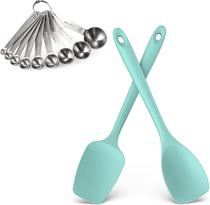 U-Taste 18/8 Stainless Steel Measuring Spoons Set of 9 and 600ºF Heat Resistat Silicone Flexible Baking Spoon Spatula & Cooking Scoop Spoonula (Aqua Sky)
