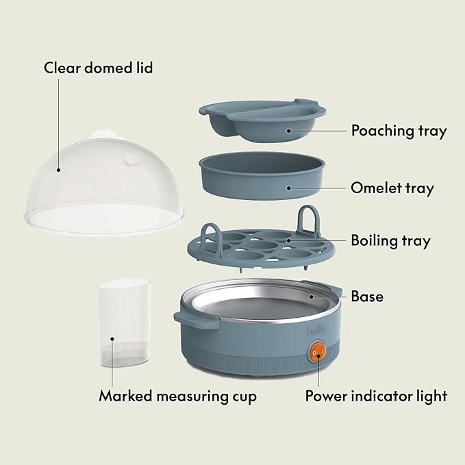 bella Electric Egg Cooker, 7 Eggs Capacity Tray, Single Stack, for Poached, Scrambled, Hard, Medium & Soft Boiled Eggs, Omelets and Steamed Dumplings, Auto Shutoff, 360 Watt, Surf