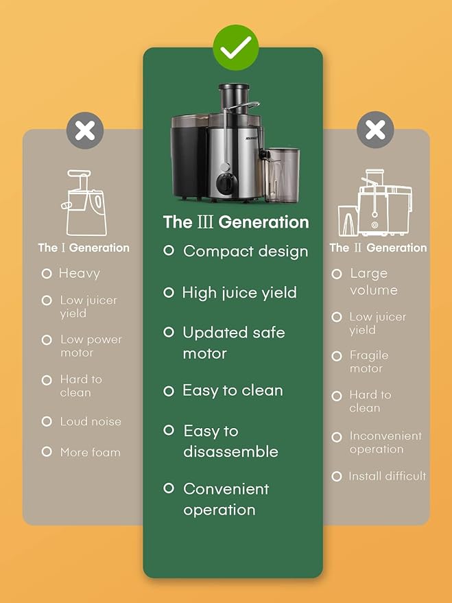 Juicer Machines, HOUSNAT Juicer Whole Fruit and Vegetables with 3-Speed Setting, 400 W Motor Quick Juicing Ideal for Beginners & Light Daily Use, Cleaning Brush and Juicing Recipe Included