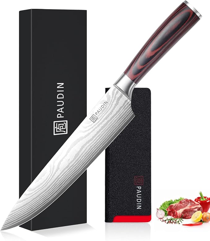 PAUDIN Chef Knife, 9 Inch High Carbon Stainless Steel Sharp Kitchen Knife with Sheath, Pakkawood Handle, Gift Box for Vegetables and Meat