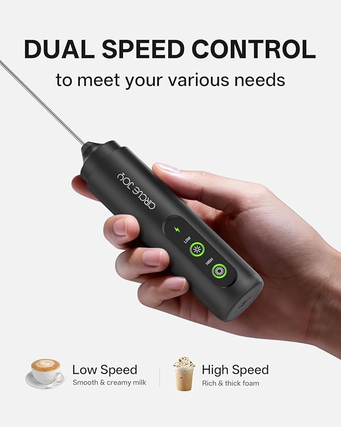 CIRCLE JOY 2-Speed Rechargeable Milk Frother Hanheld, Dual Coil Whisk Head Electric Coffee Frother, Portable Hand Frother Wand Drink Mixer for Matcha Lattes Cappuccino, Kitchen Gifts