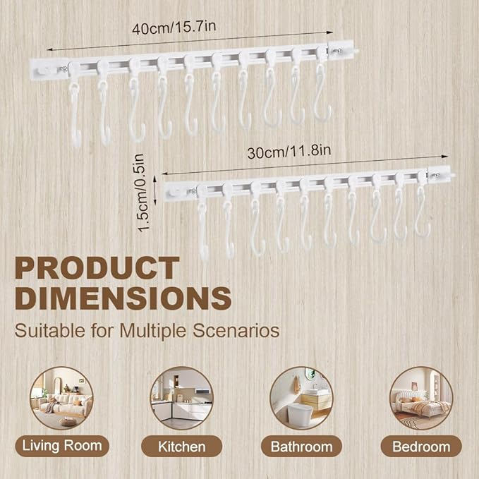 Multifunctional Slide Rail Hook,Kitchen Utensil Hanging Rack Wall Mounted Hanger,Space Saving Utensil Holder with 10 Hooks ,Sliding Track Hook No Drilling Hanger for Home Office (Length 30cm/1pcs)
