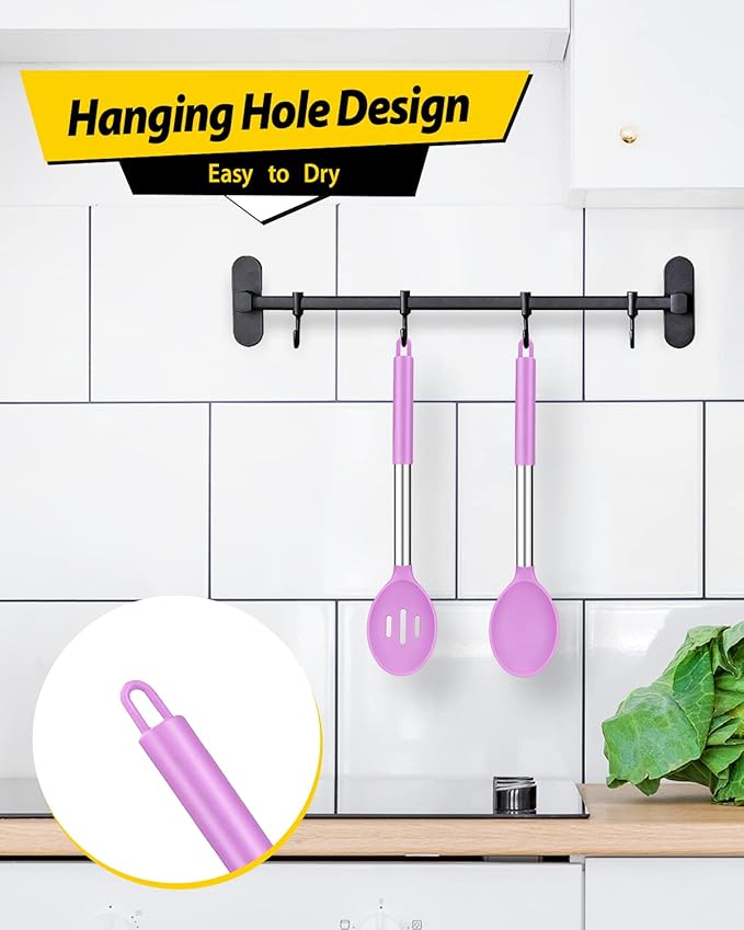 Pack of 2 Large Silicone Cooking Spoons,Non Stick Solid Basting Spoon,Heat-Resistant Kitchen Utensils for Mixing,Serving,Draining,Stirring (PURPLE)