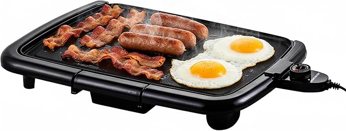 OVENTE Electric Griddle with 16 x 10 Inch Flat Non-Stick Cooking Surface, Removable and Adjustable Temperature Control, Indoor Grill for Instant Breakfast, Pancakes, Eggs or Burgers, Black GD1610B