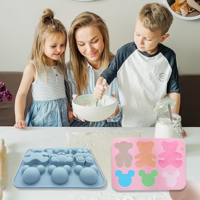 2 Pack Cute Bear Molds Silicone 6 Cavity 3D Cartoon Bear Themed Baking Mould Tray DIY Tool for Baby Shower Birthday Party Chocolate Cake Mousse Pastry Soap Crayons Cupcake Topper