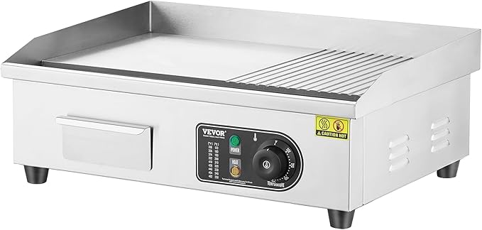 VEVOR Commercial Electric Griddle, 1600W Countertop Half-Flat Top Grill, 22in Stainless Steel Griddle Grill with 2 Shovels and 2 Brushes for Home or Restaurant, 122℉-572℉ Adjustable Temp