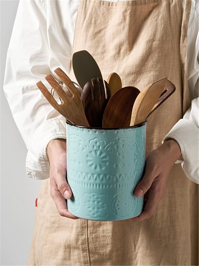 DOWAN 7.2" Kitchen Utensil Holder, Extra Large Farmhouse Utensil Holders for Countertop, Ceramic Utensil Crock, Anti Slip Cork Bottom