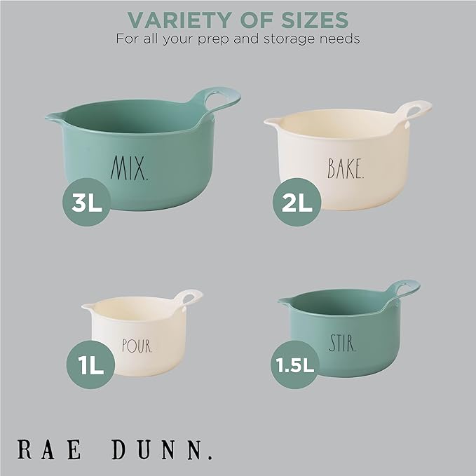 Rae Dunn Non-Slip Mixing Bowls - 4 Piece Nesting Plastic Mixing Bowl Set with Pour Spouts and Handles-Measurement Markings (Sage)