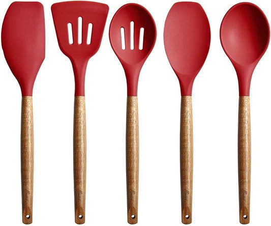 Kitchen Utensils Set, Silicone Cooking Utensils Set,Non-Stick Silicone Spatula Set with Natural Acacia Hard Wood Handle, 5 Piece, Upgraded Thickened Cookware