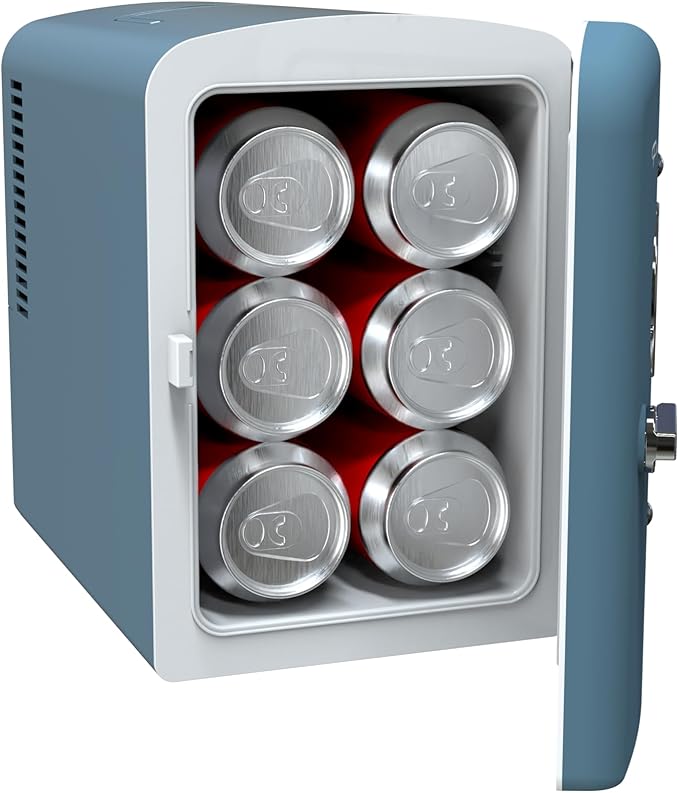 Frigidaire Retro 9-Can Mini Personal Fridge Portable Cooler for Car, Office, Bedroom, Dorm Room, or Cabin, 11.8" D x 7.1" W x 10.1" H, BLUE