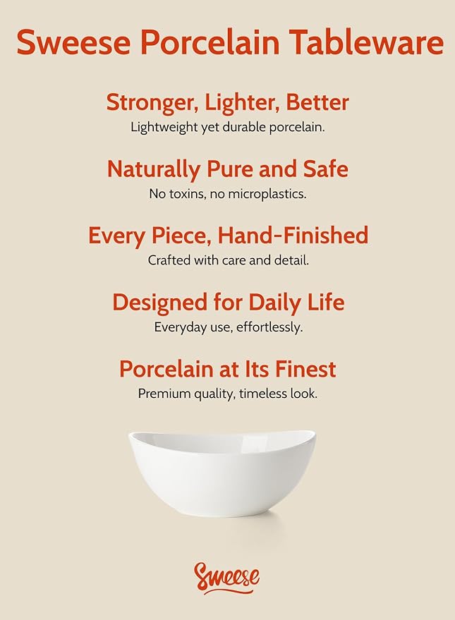 Sweese 28 oz Large White Porcelain Bowls - Set of 6 Salad, Pasta, Soup & Serving Bowls, Big Ceramic Dinner Bowls