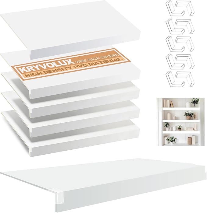 5 Pcs Wire Rack Covers 30x16x2.5 inch PVC Pantry Shelf Cover 0.31 inch Thick Removable Closet Wire Rack Shelf Covers,Decoration Kitchen Bathroom Office Shelving (Light Luxury White,30x16x2.5inch)