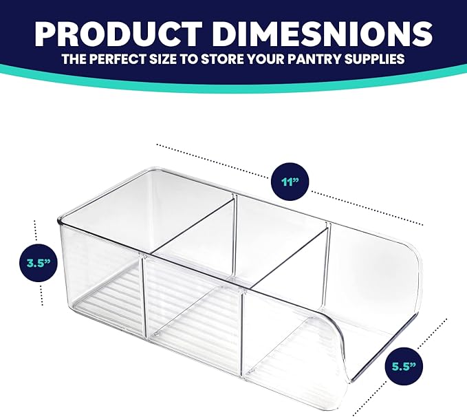 ELTOW 6-Pack Snack Organizer, 3-Compartment Plastic Bins with Removable Dividers, Chip & Food Storage for Pantry, Spices, Fridge, and Cabinet