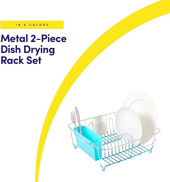 Dish Drying Rack & Cutlery Holder 2 Piece Set - Compact Sink-Fitting Dish Drainer with Rubberized Undercoating, Space-Saving Kitchen Organizer for Plates, Cups, Bowls & Utensils in Sink, Turquoise