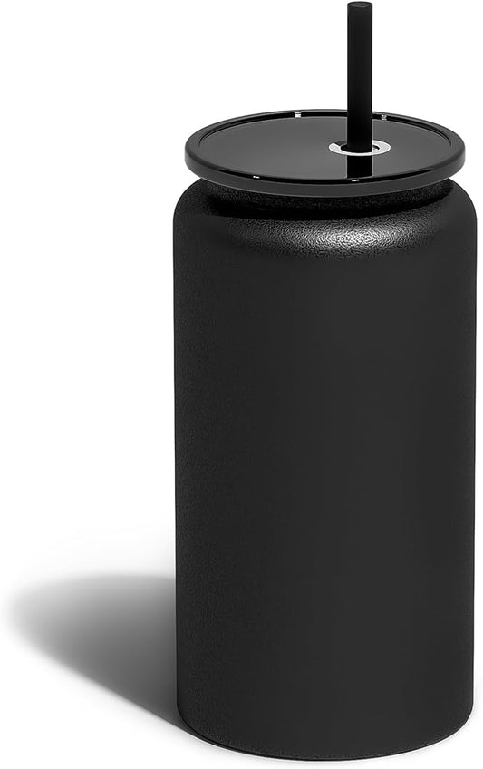 Glass Cups With Lids and Straws, 16oz Stainless Steel Beer and Iced Coffee Cup, Smoothie Drinking Glass, Black (Textured Matte Finish, Not Sublimatable)