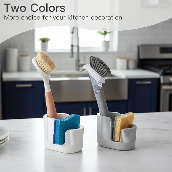 2-in-1 Diatomite Sponge Holder for Kitchen Sink, Quick-Drying Dish Sponge and Brush Holder, Dish Wand Holder, Diatomite Stone Sink Tray, Ultra Absorbent Sinks Caddy Organizer,White