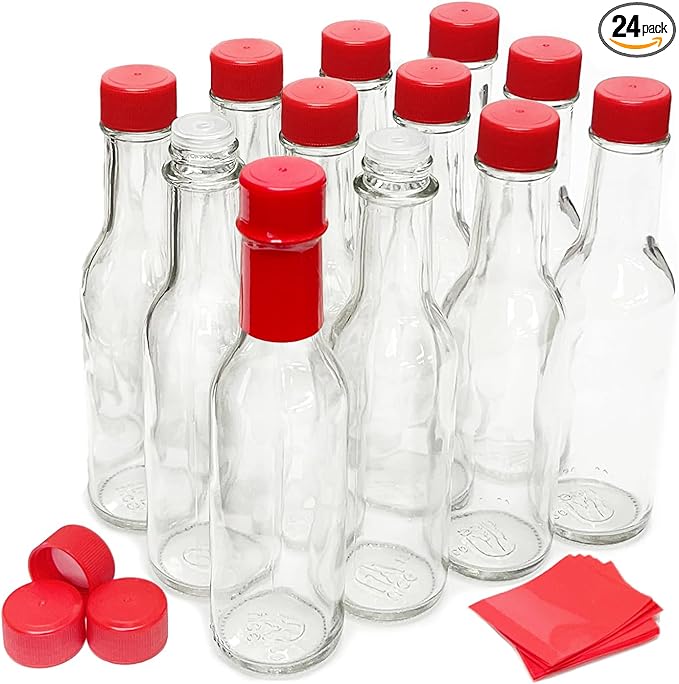 Hot Sauce Bottles with Shrink Bands, 5 Oz (Red Caps, 12 Pack)