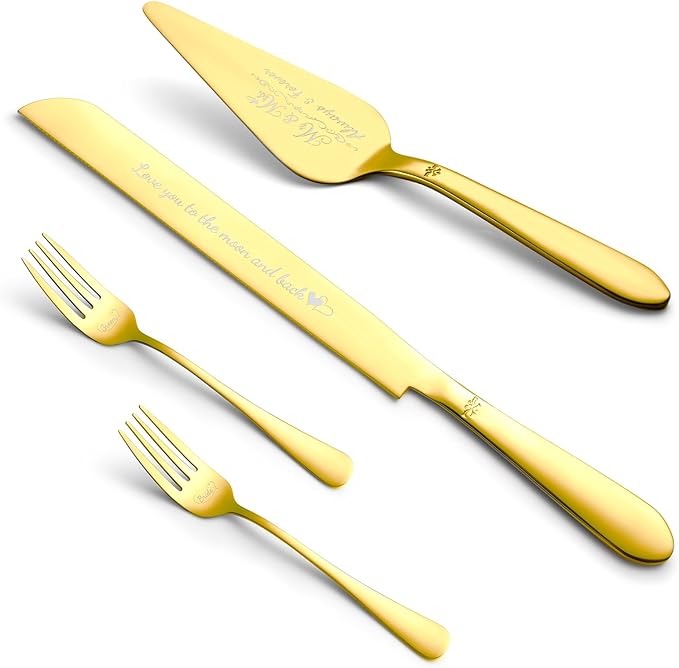 Eisinly Cake Cutting Set for Wedding, Elegant Cake Knife and Server Set with Stainless Steel Forks, Cake Cutter and Pie Spatula for Engagements, Anniversary, Bride and Groom, 4Pcs, Gold