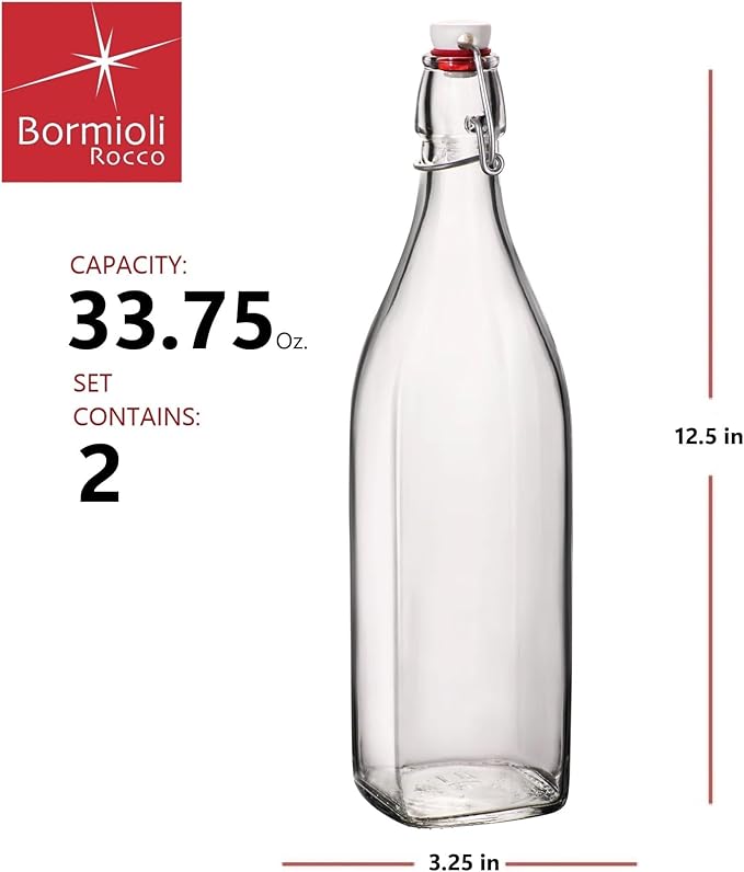 Bormioli Rocco 33.75oz Swing Bottle (Set of 2) - Reusable Glass with Airtight Leakproof Swing Tops, BPA-Free Office Water Bottle, Great for Homemade Syrups, Dressings, Infused Oils, Fresh Juices