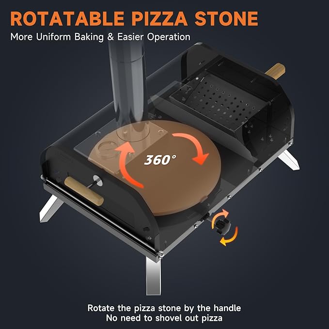 SizzleDelite Outdoor Pizza Oven Wood Pellet 12" Round Pizza Stone, Portable Wood Fired with Built-in Thermometer Pizza Stove, Stainless Steel Pizza Maker for Outside, Backyard, Camping - Black