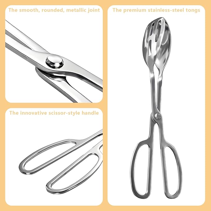 Kitchen Tongs for Cooking for Buffet Party Catering - Stainless Steel Salad Tongs for Food Bread Cake Bake Dessert, 10-Inch Serving Tongs for Grill, Steak, Barbecue, Scissor Design (2 Pack)