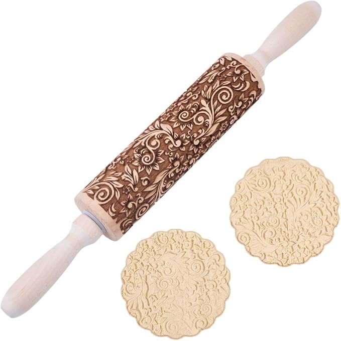 Embossed Wooden Rolling Pin Vine Print 35cm Rolling Pin for Baking Biscuits 3D Pattern DIY Kitchen Tool Baking Accessories Homemade Bakery Pastry Cookie Fondant Dough Pizza