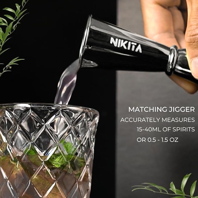 Nikita Cocktail Shaker, 5-Piece Martini Shaker & Bartender Kit with Bar Accessories Strainer, Jigger, Spoon & Muddler, Silver 16oz Drink Mixer with Bartender Accessories