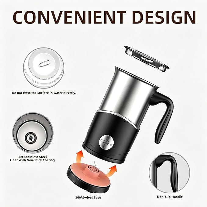 Electric Milk Frother, Stainless Steel Automatic Milk Steamer with 4 Functions, Ergonomic Handle, One-Button Operation for Hot Milk, Hot Chocolate, Hot and Cold Milk Foam
