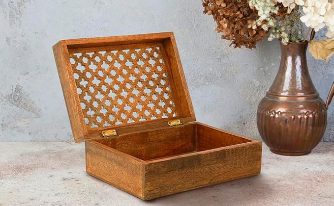 Mela Artisans Extra Large Wooden Keepsake Box | Medium Polish Memory box, Handcrafted Decorative Storage chest for Jewelry, Photos & Trinkets | Vintage Style storage Box | Trellis Design |10.5x7.5x4’’