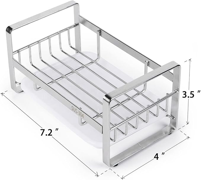 HULISEN Kitchen Sink Sponge Holder, 304 Stainless Steel Kitchen Soap Dispenser Caddy Organizer, Countertop Soap Dish Rack Drainer with Removable Drain Tray, not Including Dispenser and Brush