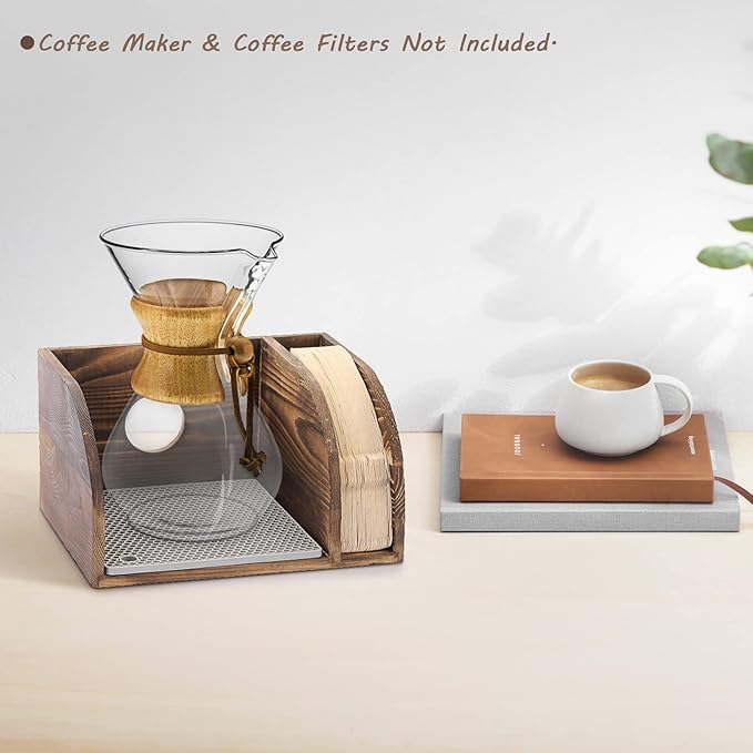 ELLDOO Vintage Wood Coffee Organizer Stand, Compatible with Chemex Coffee Makers, Holds Coffee Maker and Coffee Paper Filters, Fits Collar and Handle Carafes, with Grey Silicone Dripper Mat